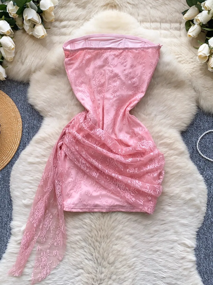 Foamlina Abito a tubino con stelle filanti in rete jacquard con strass ritagliati a cuore Mini abito romantico chic estivo da donna in vita francese