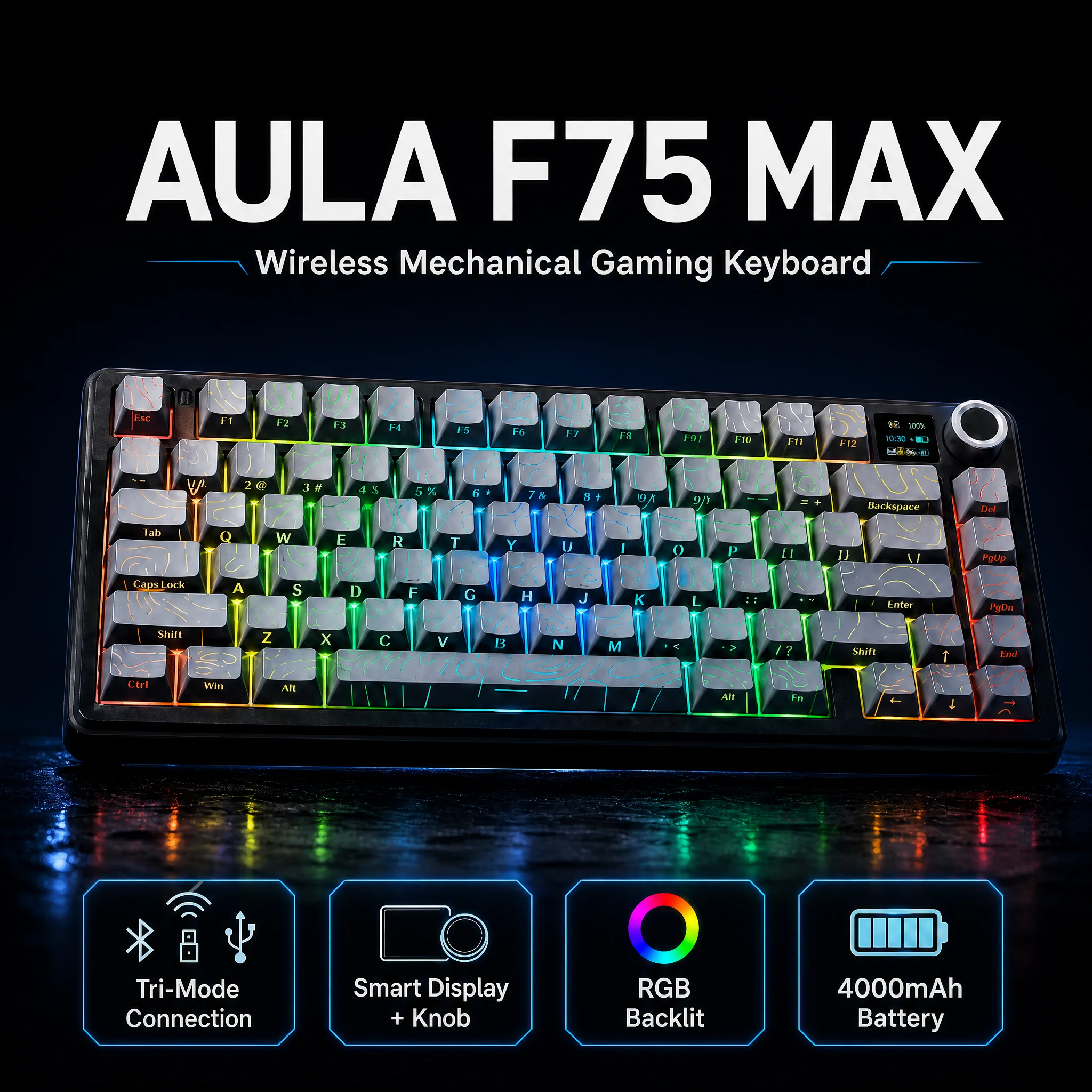 AULA F75 75% Wireless Mechanical Keyboard, Side-Printed Minimalist PBT Keycaps, Gasket Hot-Swap, Creamy Pre-lubed Linear, RGB