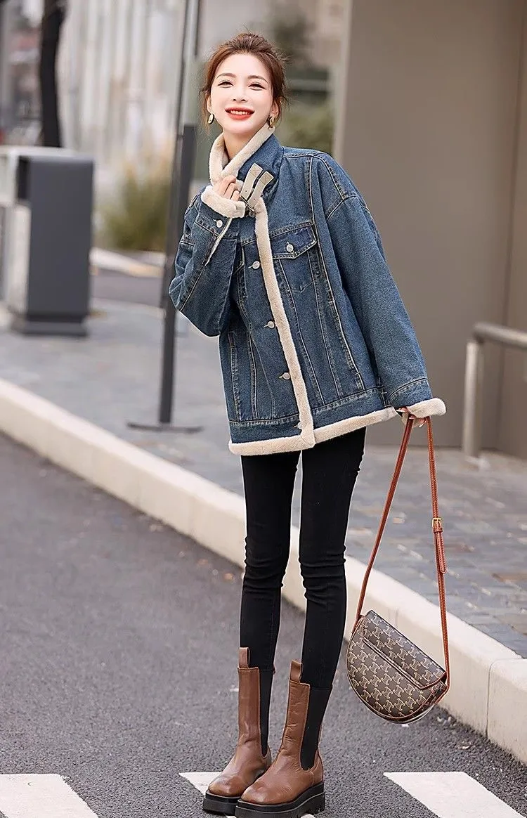 Denim Coats Long Fur Plush Womens Autumn Regular Fit Modern Business Casual City Commuting Anti-Wrinkle Stretchy Comfortable Y2K