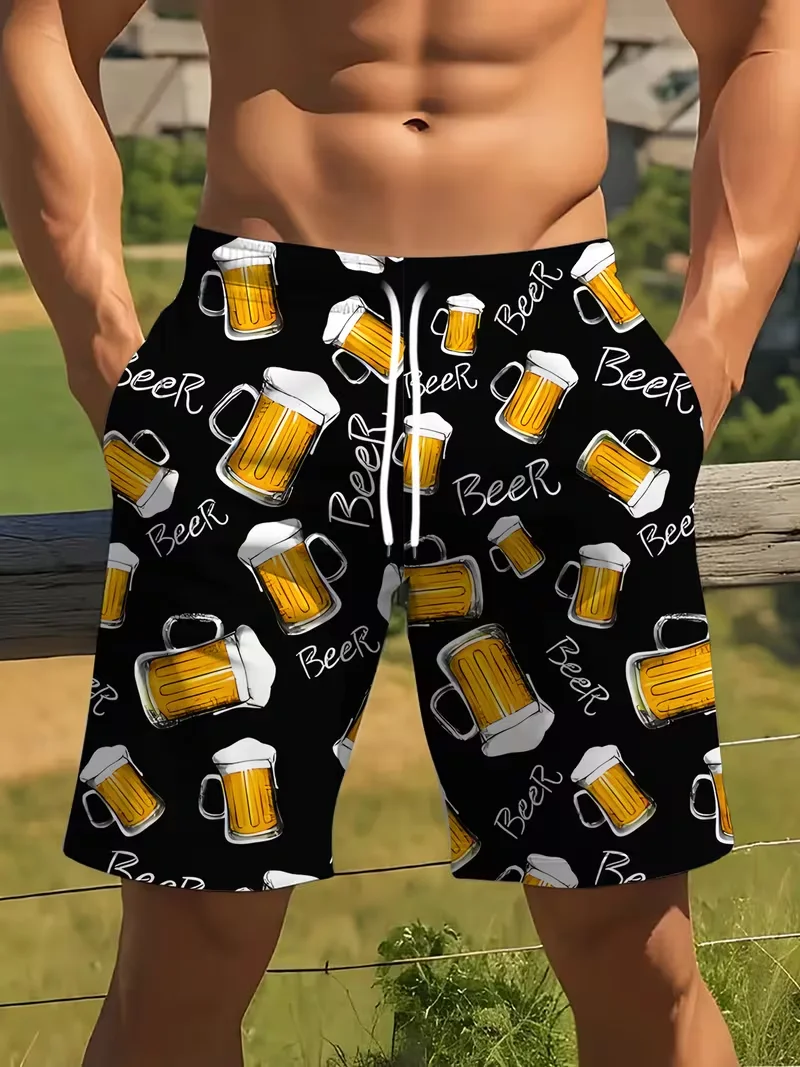 

Summer Happy Water! Beer 3D Printed Beach Shorts, Quick-Drying Coastal Vacation Sports Casual Pants