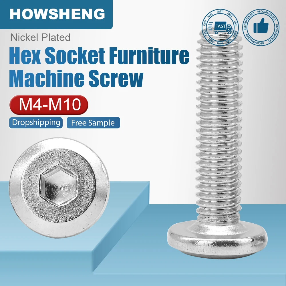 Hex Socket Chamfered Flat Head Machine Screws Nickel Plated Allen CSK Furniture Bolts for Crib Desk Cabinet M4 M5 M6 M8 M10