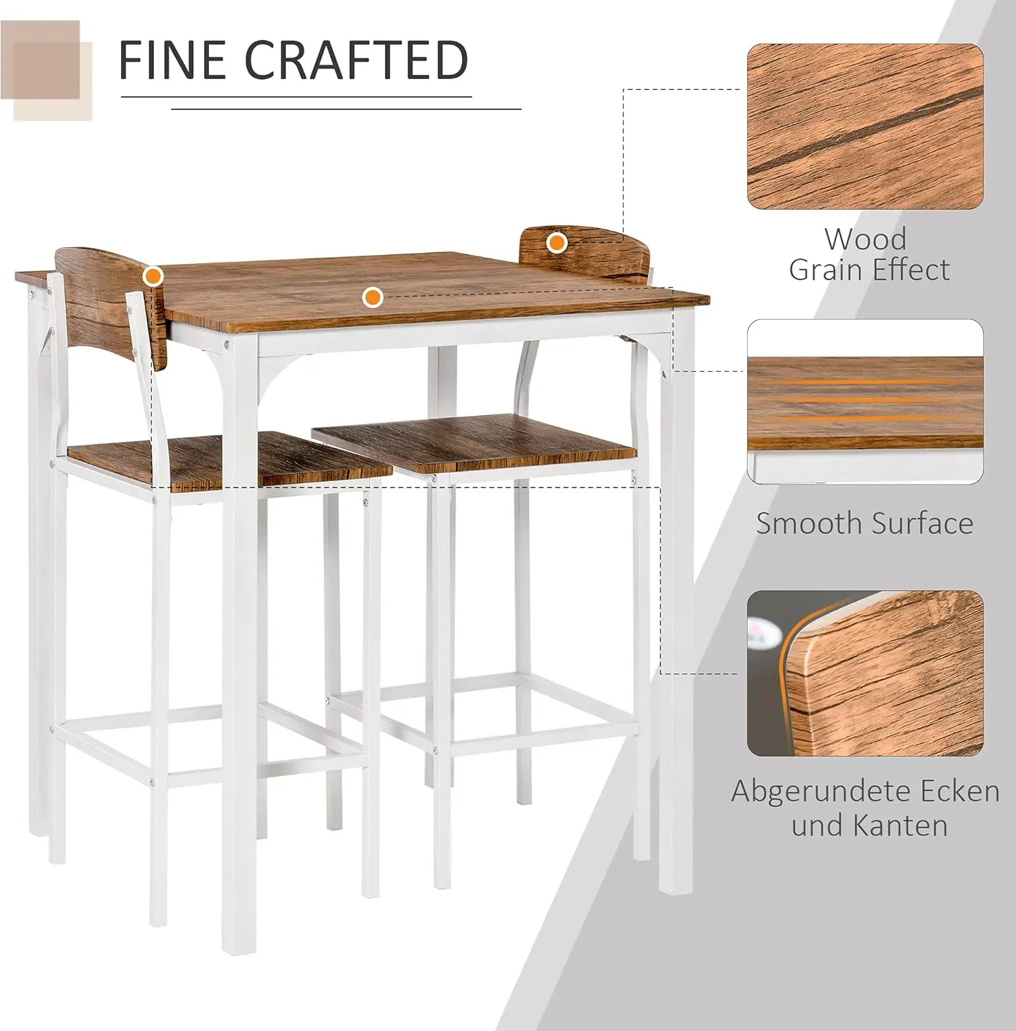 Industrial Small Dining Table Set for 2, Square Kitchen Table and Stools with Steel Frame, Walnut and White