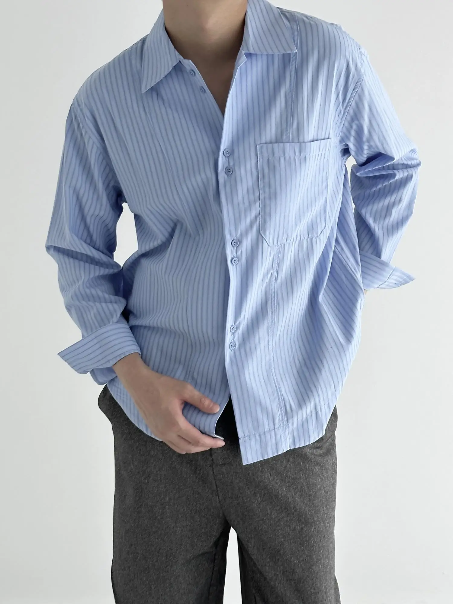 

Мужская свободная повседневная рубашка в японском стиле, длинный рукав, весна-осень, в полоску, высокое качество, удобный крой, молодежный стиль