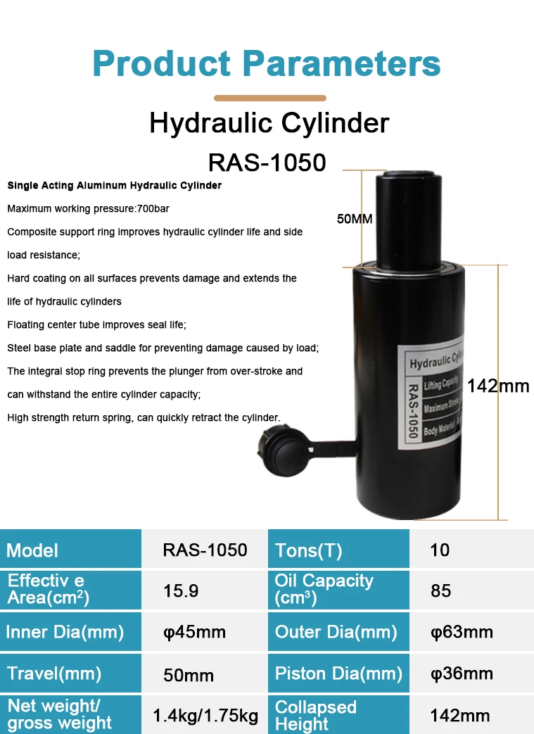 10-Ton single-acting steel hydraulic jack with 50mm lift stroke aluminum body hydraulic cylinder