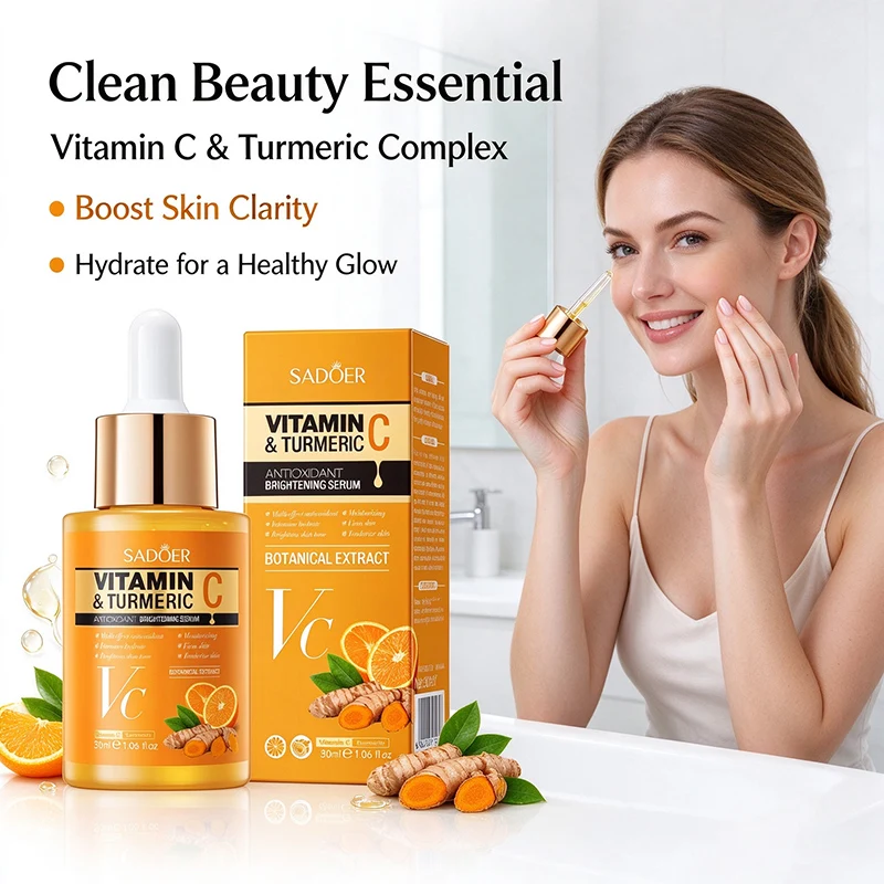 SADOER Vitamin C Turmeric Facial Serum Brighten Skin Tone Hydrating Nourish Improve Dry Skin Smooth Firm Face Essence Skin Care