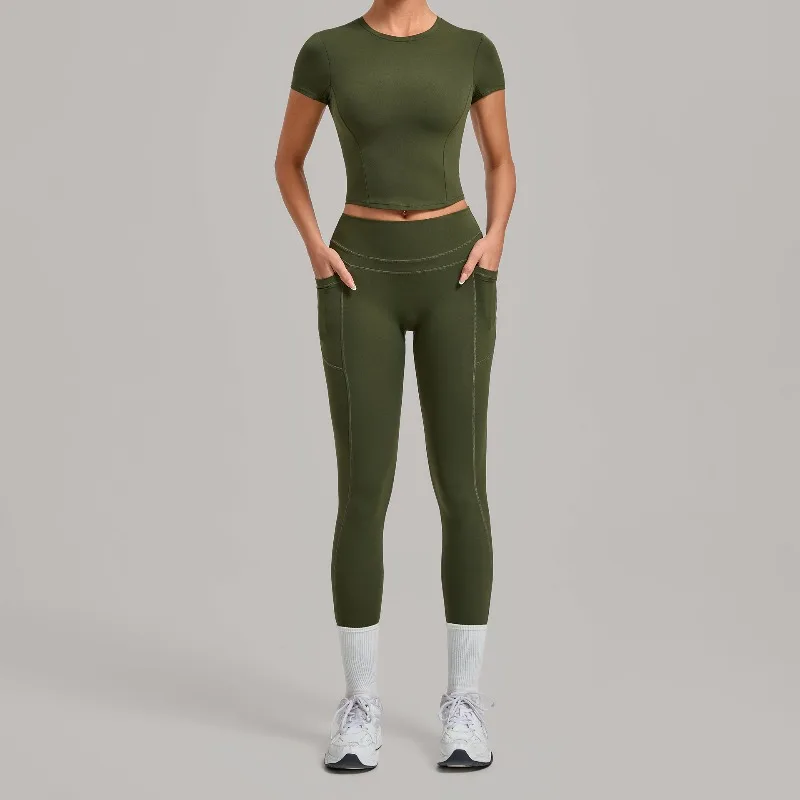 

Women's Seamless Yoga Sets Sports Fitness High Waist Hip-lifting Pants Slim Fit Short-sleeve Suits Training Workout Gym Sets