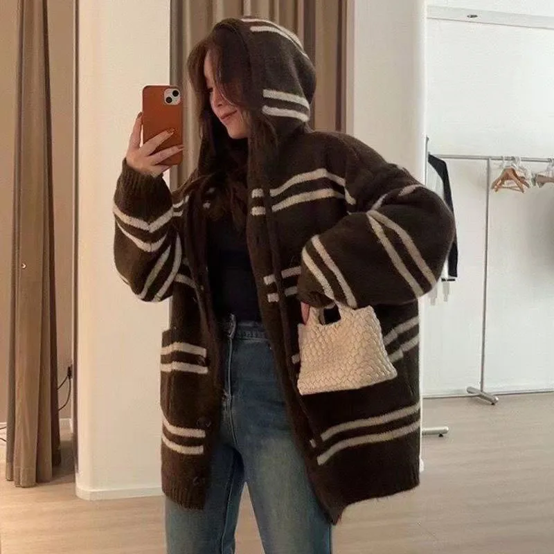 Vintage Gestreifte Strickjacken für Damen Übergroße Lose Kapuzenjacke mit Einzelknopfleiste Dicke Warme Weiche Strickjacke