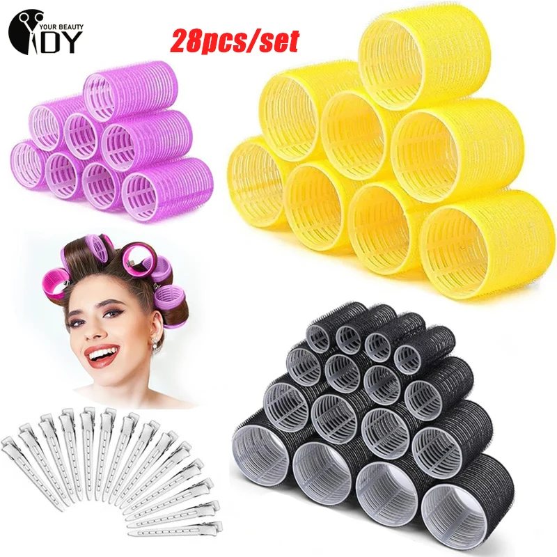 28pcs/set Self-Grip Hair Rollers Heatless Hair Curlers No Heat Hair Bang Volume Self-adhesive Hook & Loop DIY Styling Tool