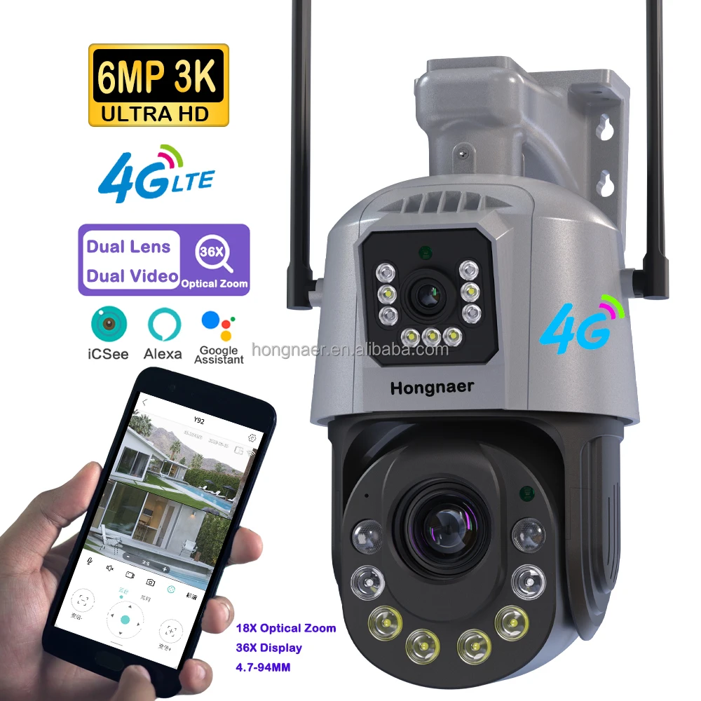 36X Optical Zoom 4G LTE Wireless Smart Home PTZ CCTV Camera 4K ICSee 4G Sim Card Dual Lens Security Camera