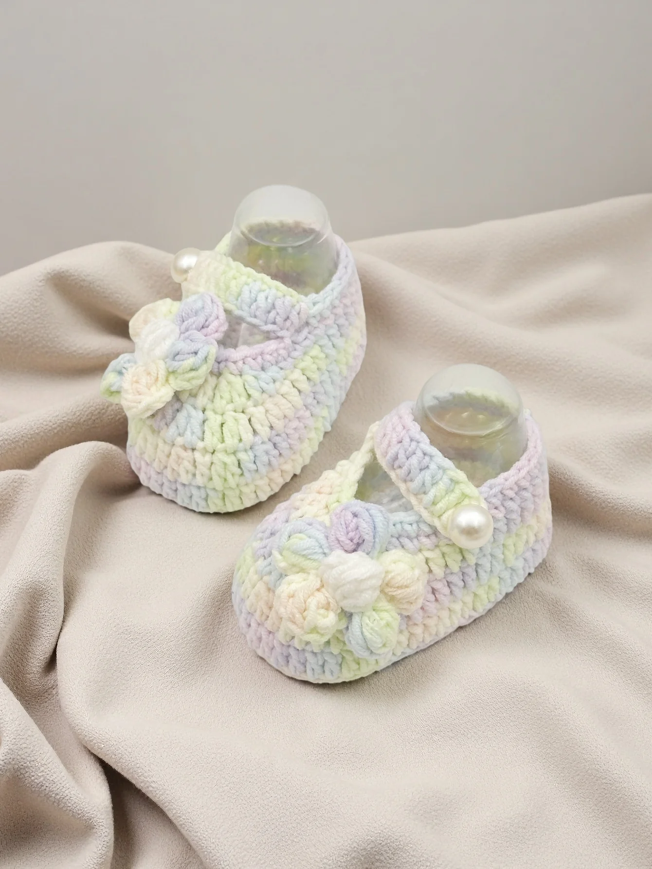 

Handmade Pastel Rainbow Crochet Baby Booties with Pearl Button, Soft Knit Mary Jane Style Infant Shoes, 0-12 Months