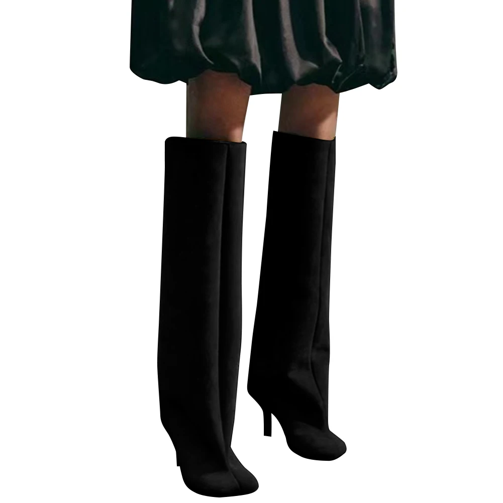 النساء حذاء برقبة للركبة ساحة تو أحذية طويلة جميع المتطابقة واسعة العجل خنجر الأحذية سحب على أحذية عالية الكعب لخريف شتاء #4