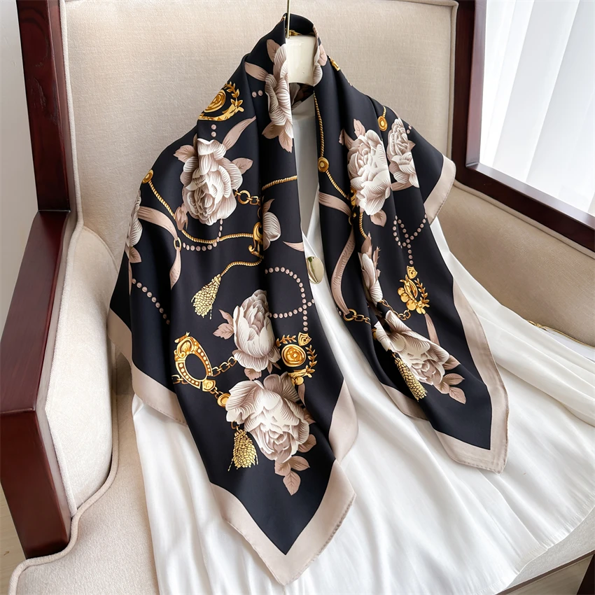 Design Floral Print Wraps Stoles New Twill Square Silk Scarf for Women Hijab Foulard Headband Fashion Lady Shawl Bandana 2024