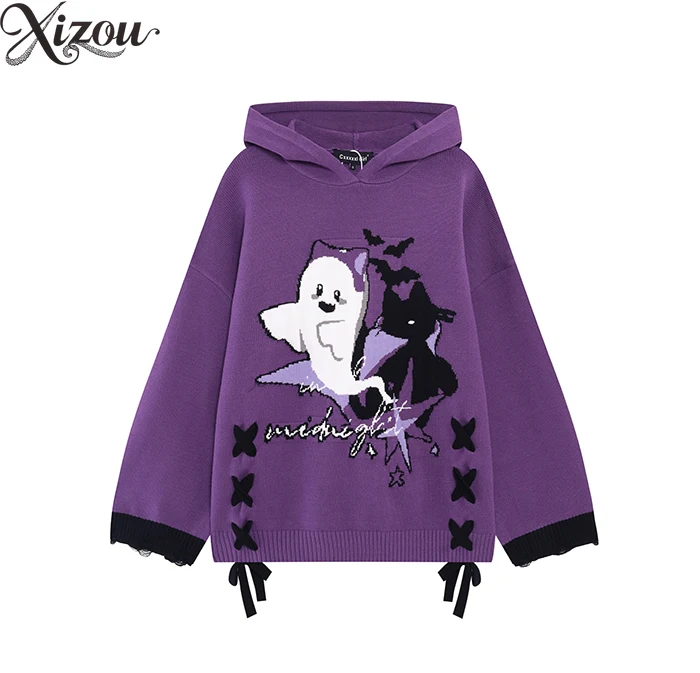 

Subculture оригинальный свободный пуловер с цветными блоками, свитер, топ для женщин, осень-зима, большие повседневные толстовки с капюшоном, вязаные свитера