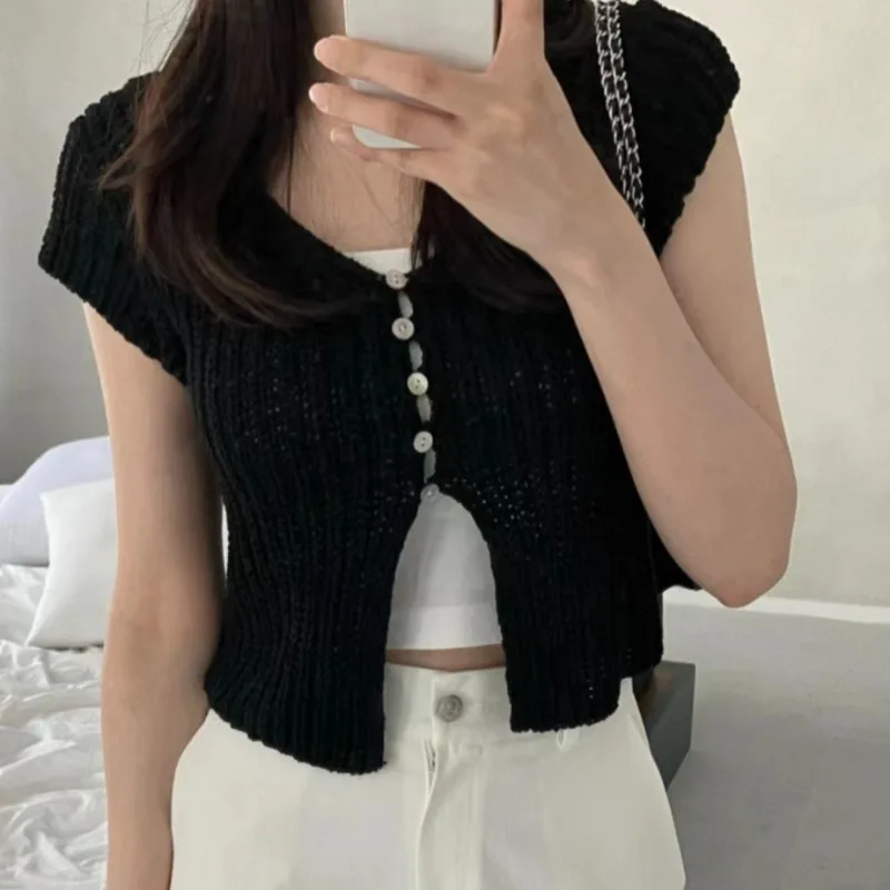 Korean Style Single Breasted Cardigans Femme V-neck Ropa Mujer 2024 Woman Sweaters Short Sleeve Tops Summer Crop Sueteres