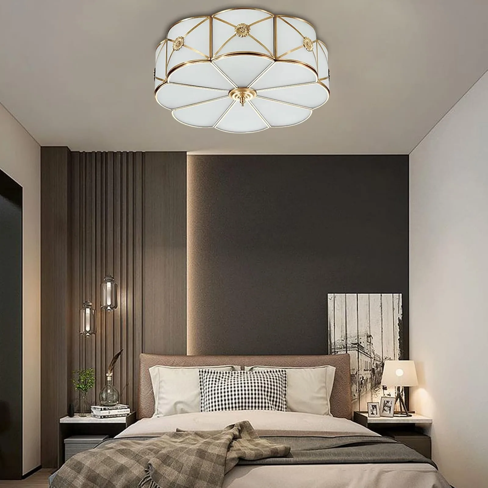 13.8 Inch Mid-Century Modern 3-Light Flush Mount Ceiling Light Copper Finish Tiffany Style Handmade Multicolor Glass Shade Vintage Retro Pendant Lamp Fixture For Hallway Kitchen Laundry Room Bedroom Indoor Decor Lighting