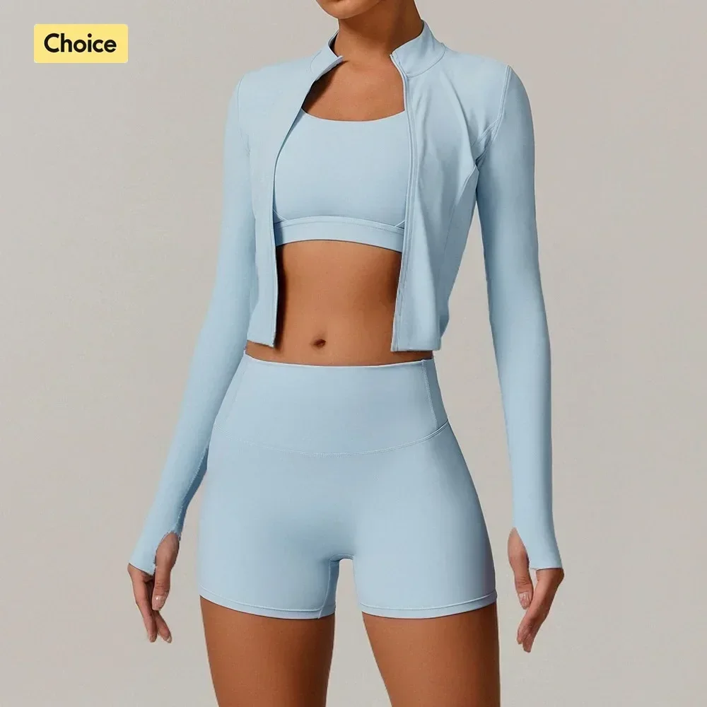 

Women's 3-Piece Yoga Set with Bra Jacket Shorts Workout Outfit Naked Feel Fabric for Outdoor Fitness Gym Pilates Activewear