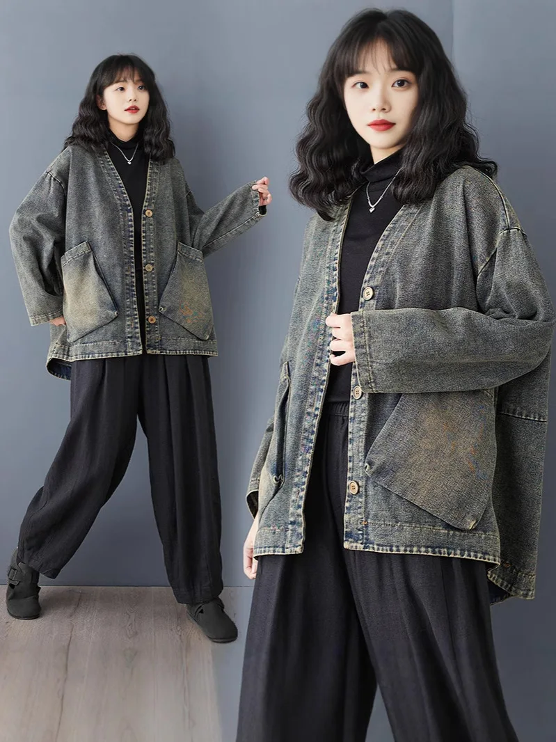 

Blue Workwear Denim Jacket For Women's Casual V-neck Versatile Artistic Retro Loose Top 2025 Spring Autumn Women's Clothing