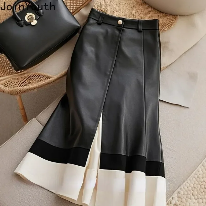 Leather Skirt Women Temperament Jupe Hig Waist Patchwork Ruffles Tunic Saia 2024 Faldas Mujer De Moda Vintage Bodycon Skirts