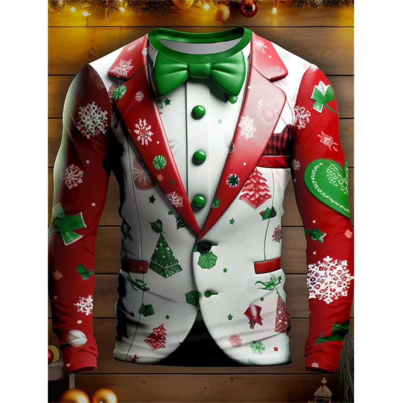 Traje con patrón de copo de nieve de Navidad para hombres y mujeres, Camiseta con estampado 3D, camisetas de manga larga con cuello redondo,