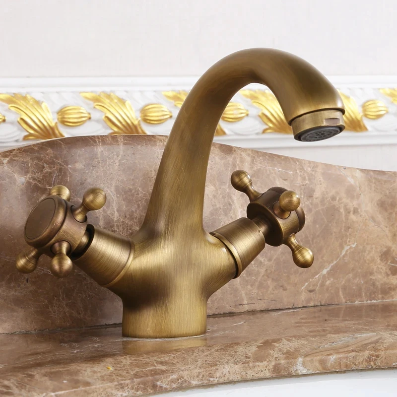 Antique Brass Bathroom Faucet Retro Single Hole Deck-Mounted Mixer Tap with Dual Swivel Handles Hot/Cold Water Fixture