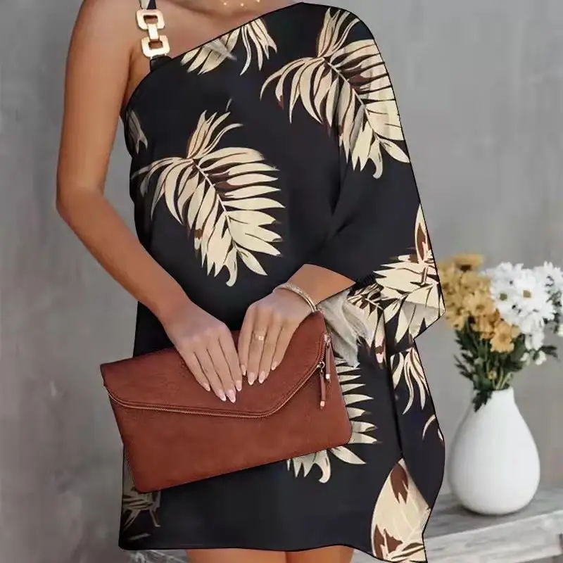 Summer 2023 Sexy Print ter Ne off oulder Dr Women's Cross Border Faion Long Skirt round Ne Svel Other Mat...