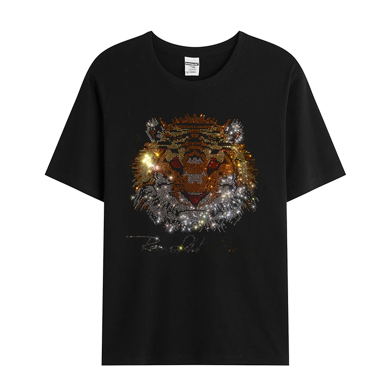 

Men's summer ice silk cotton round neck casual T-shirt Tiger rhinestone decorated short sleeve T-shirt