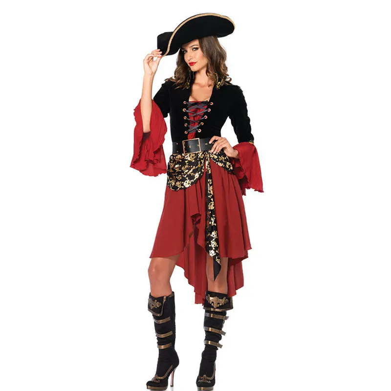 Women Caribbean Pirates Captain Costume Halloween Role Playing Cosplay Suit Medoeval Gothic Fancy Female Clothing Hat Belt Dress