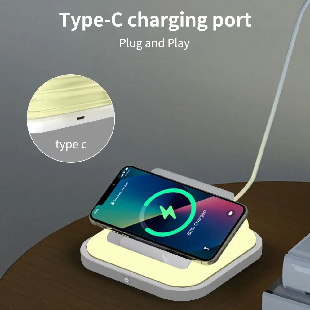 Lámpara de mesa LED regulable, cargador inalámbrico para iPhone 14, soporte para teléfono, estación de carga rápida para Samsung S8, luz nocturna de escritorio