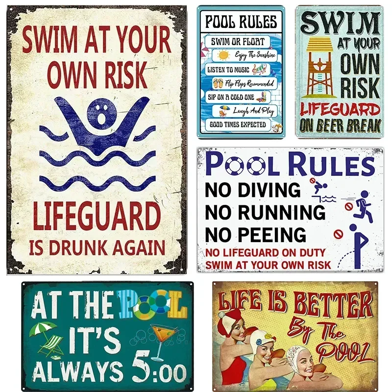 30*20 Warning Slogan In Pool AD  Enjoy Swimming In Hot Day Tin Plaque Decoration Home Vintage Metal Sign Wall  8x12 inch