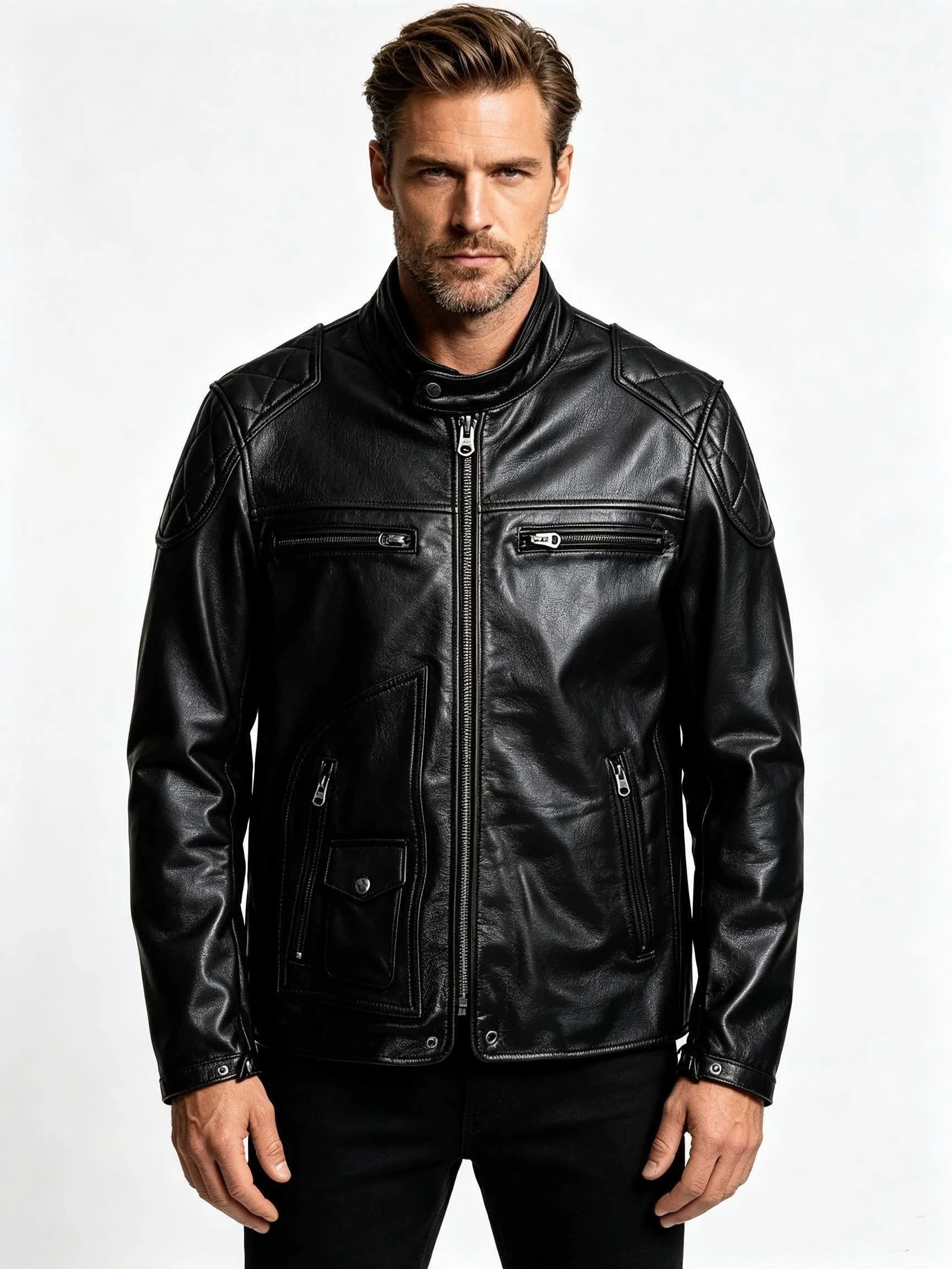 Men's Genuine Cowhide Leather Racing Jacket Black Pebbled Quilted Shoulder Armor Band Collar Multi Pocket Utility Moto Coat