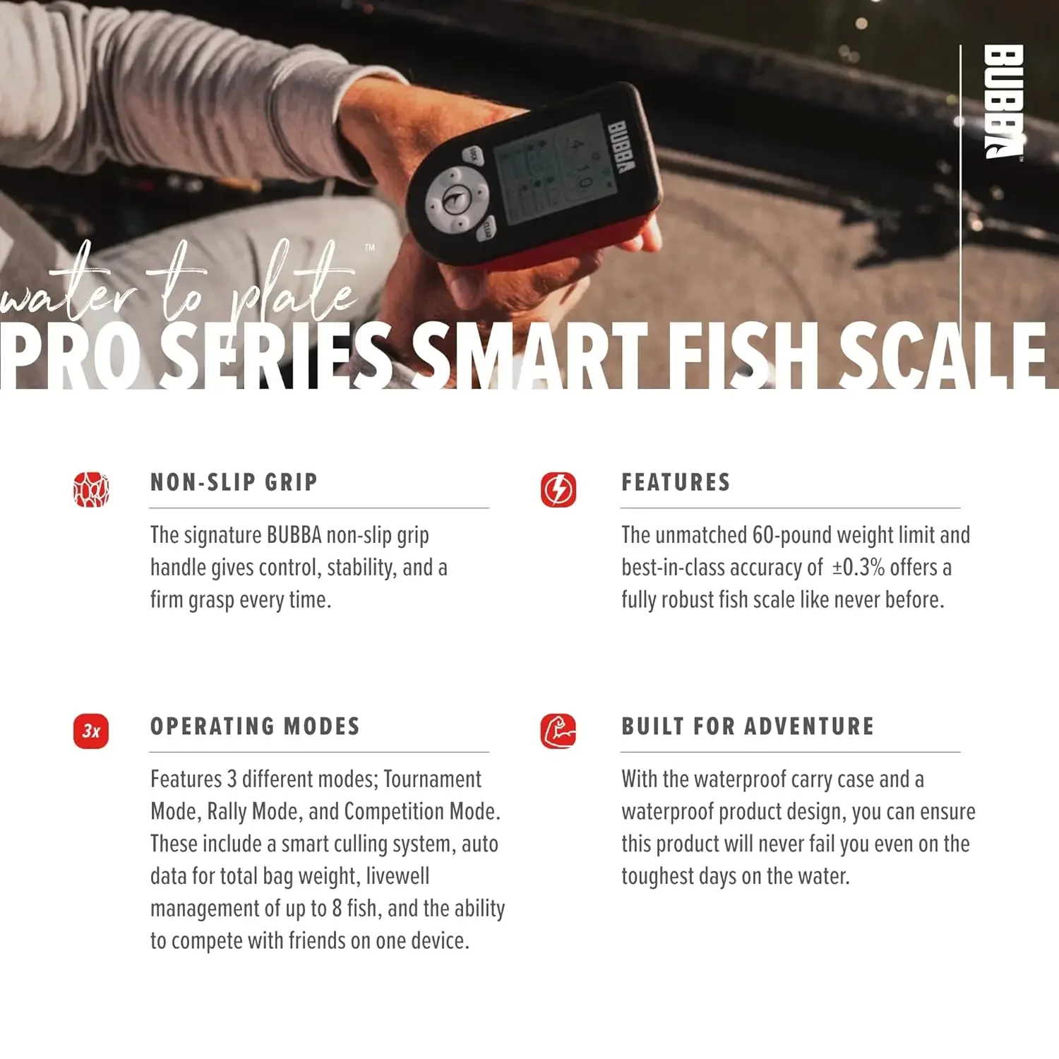 BUBBA Pro Series Smart Fish Scale, Torneio Ferramenta De Pesca, Bluetooth, Bateria Recarregável, 3 Modos, Tela Colorida Digital