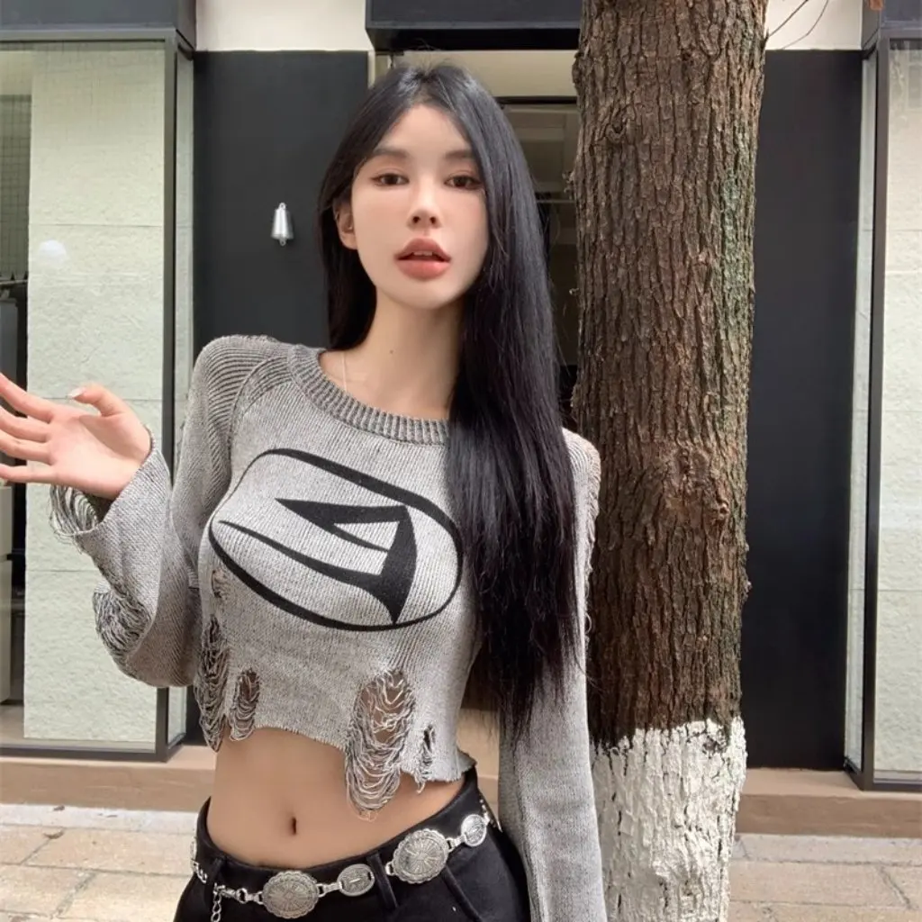 

Women's Sweet Cool American Retro Ripped Brushed Knitwear Pullover Blouse Top Short Navel-Exposed Chic Style for Autumn