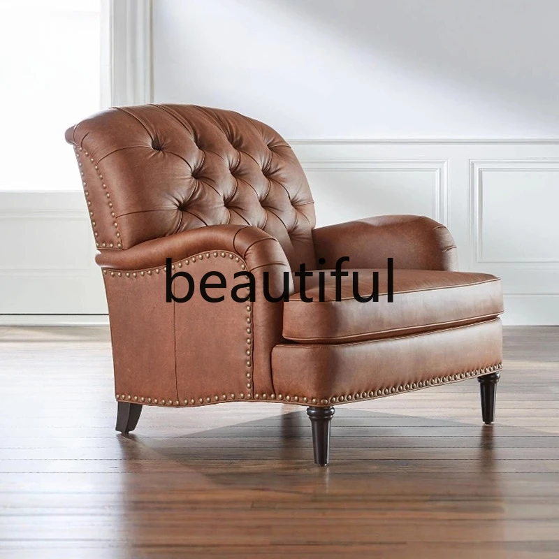 

Leather retro leisure chair, villa mansion living room buckle single sofa