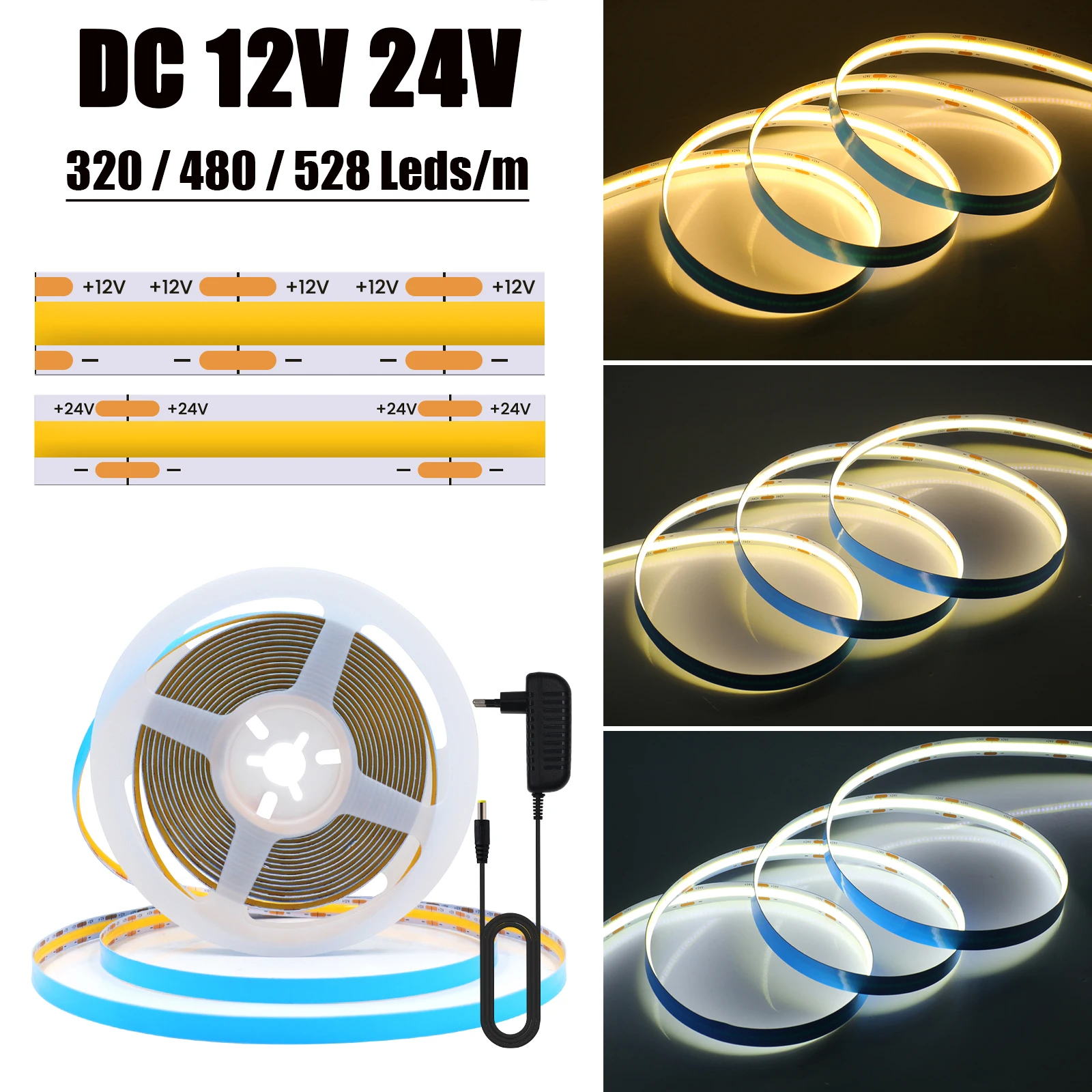 DC 12V 24V COB LED Strip 528 320LEDs/M Flexible High Bright Dotless Led Tape Diode Flexible Ribbon With EU Power Adapter