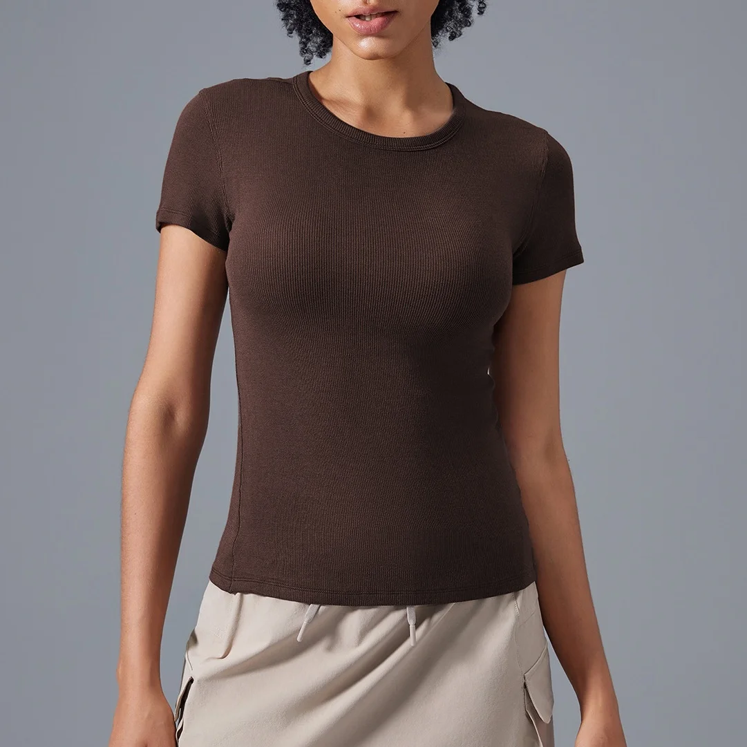 

Modal round neck sports short-sleeved T-shirt for women with naked elastic waist slimming fitness yoga clothing top