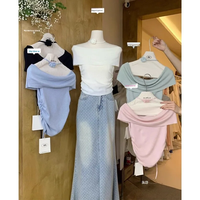 

Топ женский трикотажный на одно плечо, облегающий, летний, новый, корейская версия, из полиэфирного волокна