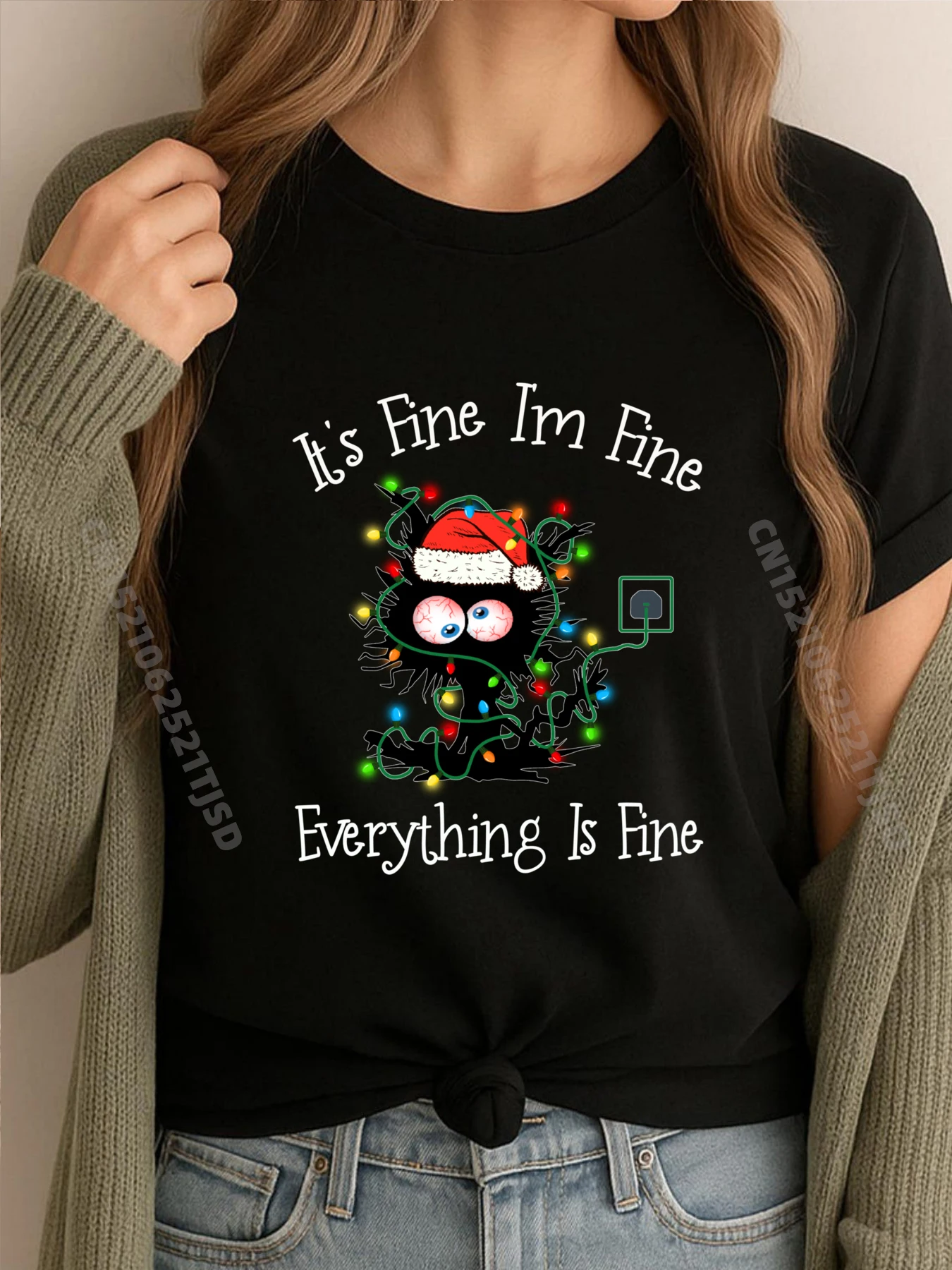

Black Cat Christmas It Fine I M Fine Everything Is Fine Mens Designer Clothes Short Sleeve T-Shirt Woman Loose