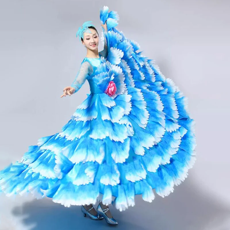 Damen Spanisches Flamenco Stierkampf-Kleid, Eröffnungstanz, Großer Schwung, Blütenblatt-Design, Klassische Kleider, Bühnentänzerin, Performance-Rock, Kostüm – Detail 18