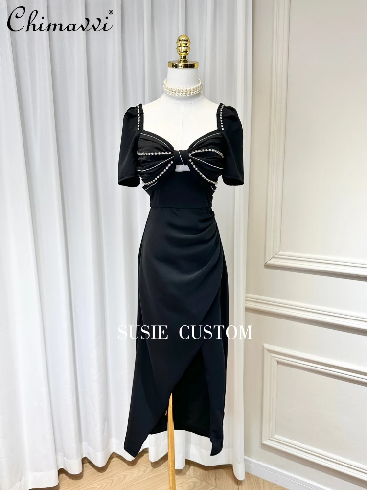 

Fashion Bow Rhinestones Chain Dress Spring Summer Sexy Hot Girl Puff Sleeve Backless Pleated High Waist Slim Fit Long Dress