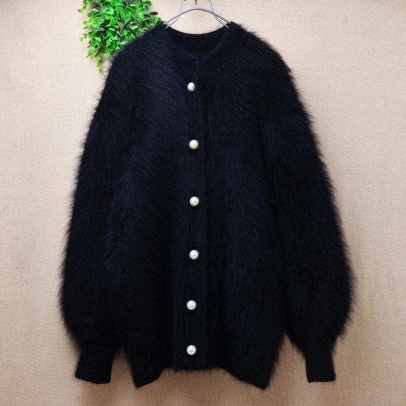 

Women Mujer Autumn Winter Outerwear Hairy Mink Cashmere Knitted Long Lantern Sleeves Loose Cardigans Angora Fur Sweater Coat Top