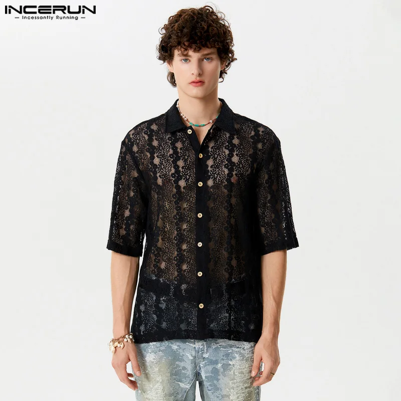 

Fashion Well Fitting Tops INCERUN Handsome Men's Perspective Jacquard Shirts Casual Streetwear Lapel Short Sleeved Blouse S-5XL