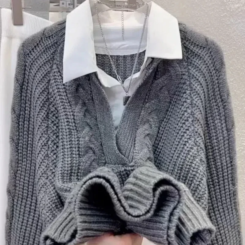 Jersey con cuello POLO de manga larga para mujer, Top falso de dos piezas con diseño de nicho, suéter de punto Retro francés para otoño e invierno