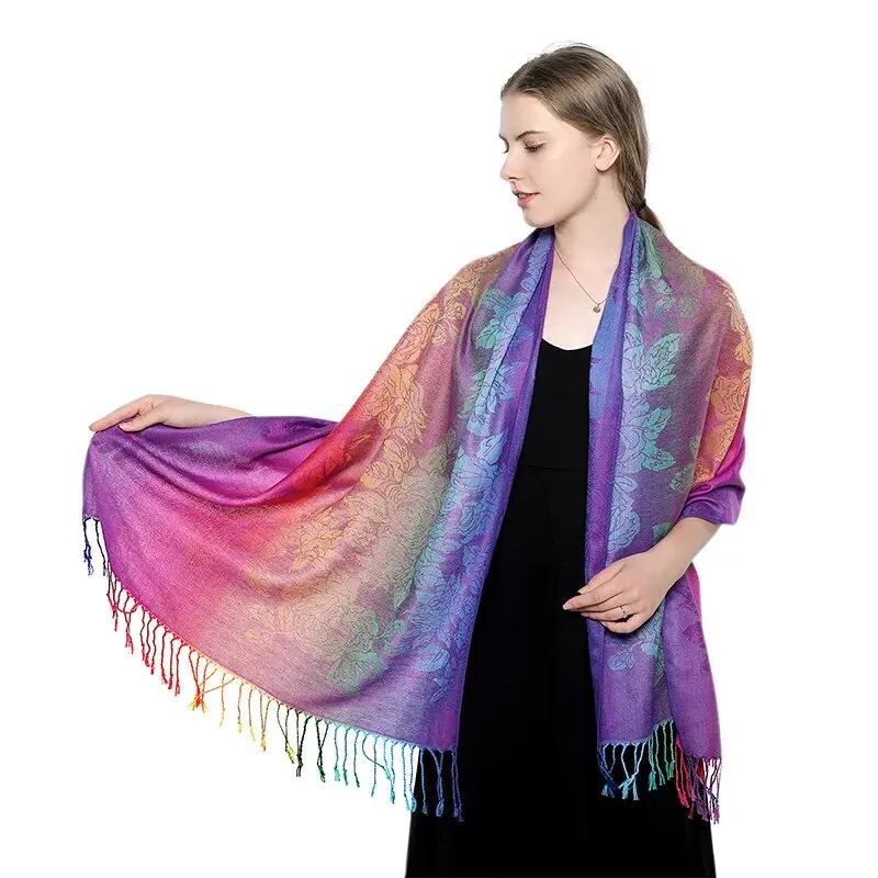 Peacock Feather Jacquard Scarf For Women Elegant Gradient Color Tassel Shawl Windproof Beach Towel Casual Hijab 180*70cm