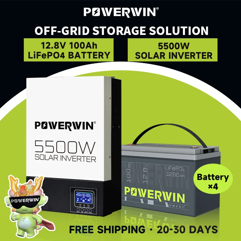 

POWERWIN BT100 12V 100Ah/1280Wh LifePO4 HI5500 Hybrid Solar Inverter 5500W 48V Pure Sine Wave 100A MPPT Off-grid LCD 48V Battery