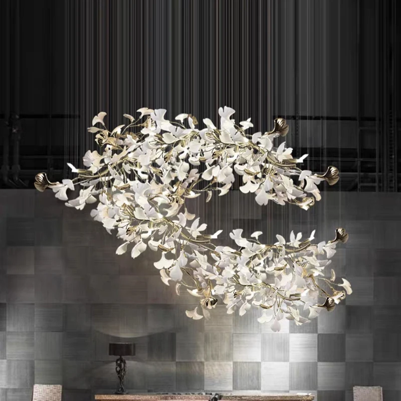 

Ginkgo Leaves Loft Hanging Chandelier Light For High Ceiling Staircase Living Dining Room Modern White Porcelain Leaf Chandelier
