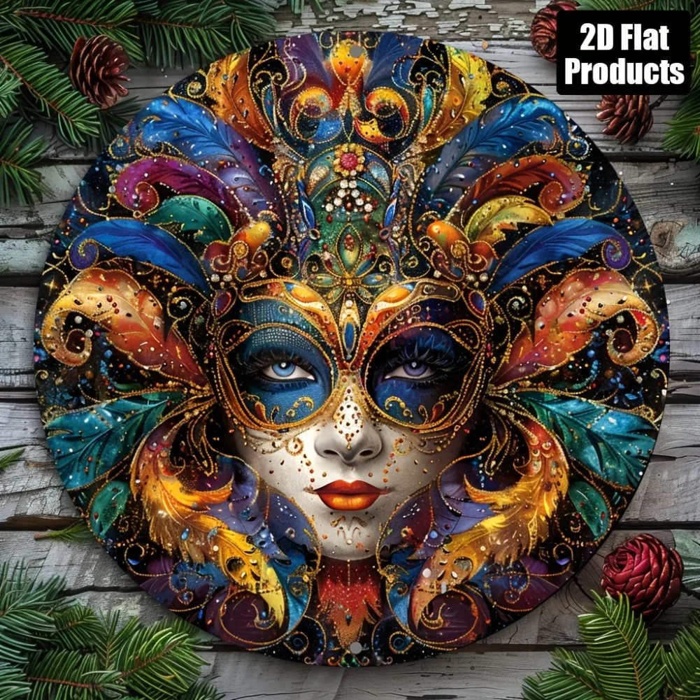 Vintage 2D Flat Mardi Gras – 20,3 x 20,3 cm runde Aluminiumkunst, aufwendiges buntes Design für Partydekoration, Halloween-Weihnachtsgeschenk