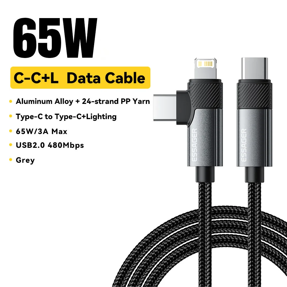 Essager 2-in-1 rechtwinkliges Kabel PD 65 W 29 W Schnelllade-Winkel-Datenkabel für iPhone 15 14 13 MacBook Lenovo Asus Dell iPad Pro