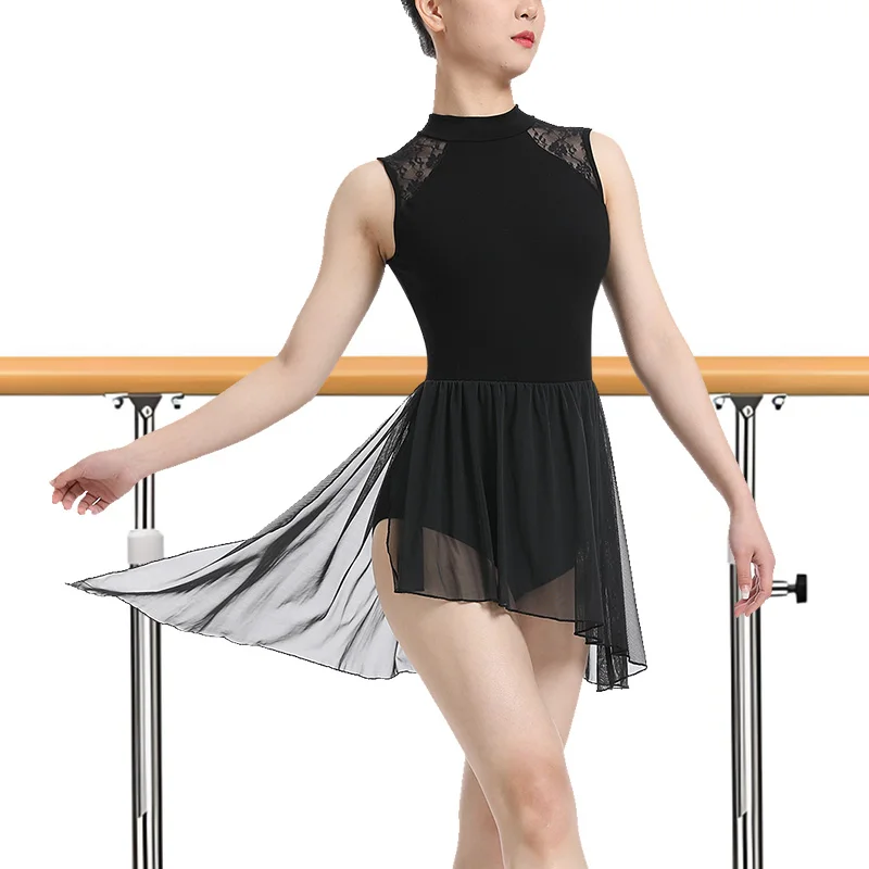 فستان رقص باليه حديث غنائي للنساء، زي رقص معاصر غير متماثل عالي ومنخفض الشبكي