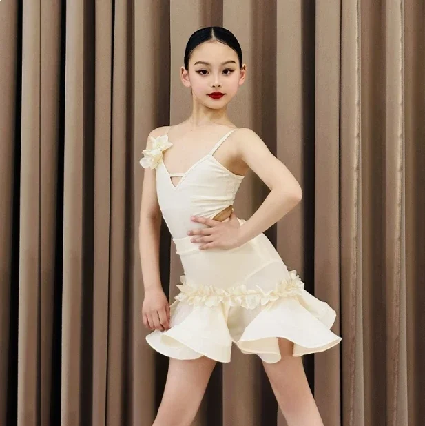 

New pink lace set dress for children's Latin dance professional sleeveless halter tops, girls' backless performance costume