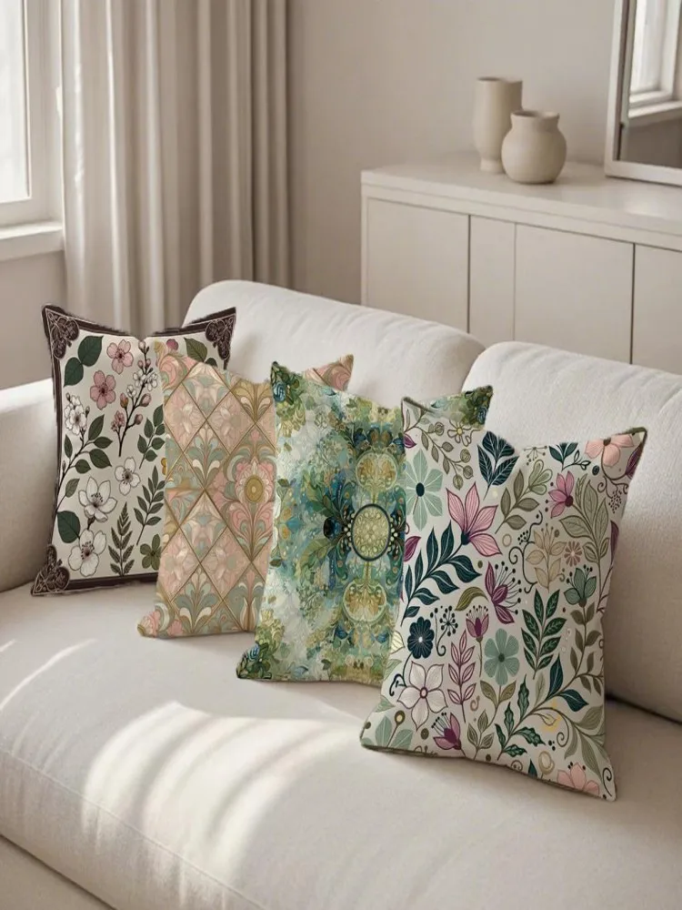 Vintage Botanical Floral Pillow Cover, Retro Green Leaves Flower Print Square Cushion Case, Soft Polyester Decorative Pillowcase
